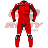 Front View of Marc-Marquez MotoGP Racing Suit from the 2025 Barcelona Winter Test, designed in red  leather with the Ducati Logo, Number 93 and bold patterns